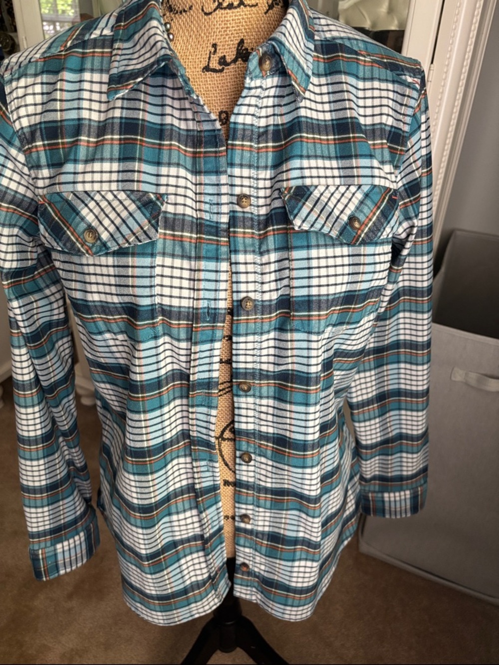 L.L. Bean Teal, White & Blue Plaid Flannel Button-Down Shirt - Picture 3 of 6